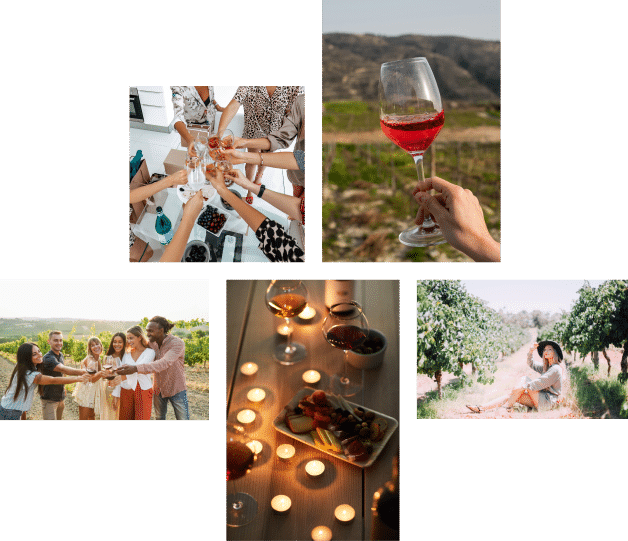A collage featuring individuals joyfully holding wine glasses and candles, creating a warm and celebratory atmosphere