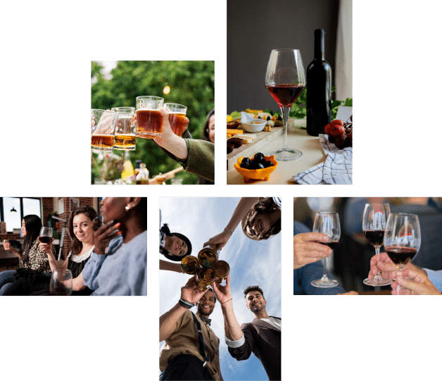 A collage featuring diverse individuals enjoying wine in various settings, capturing moments of celebration and camaraderie