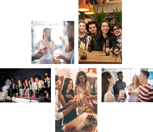 A vibrant collage showcasing diverse individuals enjoying themselves at a lively party atmosphere